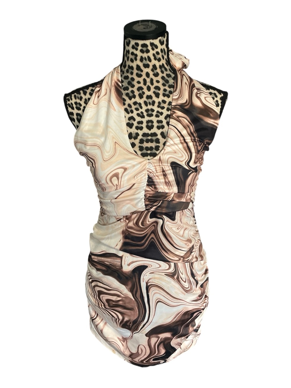 Sleeveless Marble-Print Halter Dress in Cream and Brown